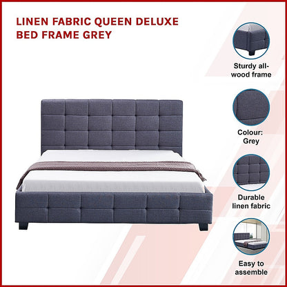 Linen Fabric Queen Deluxe Bed Frame Grey-Furniture &gt; Bedroom-PEROZ Accessories