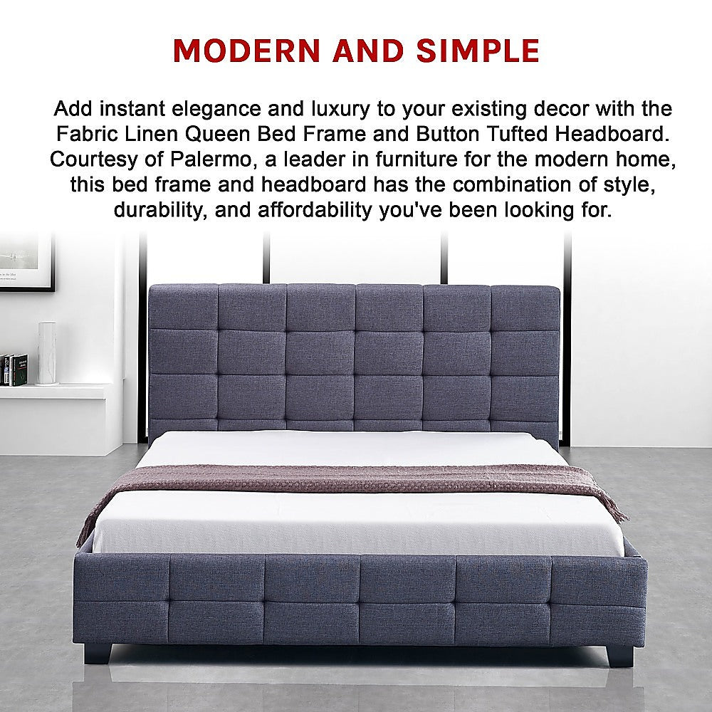 Linen Fabric Queen Deluxe Bed Frame Grey-Furniture &gt; Bedroom-PEROZ Accessories