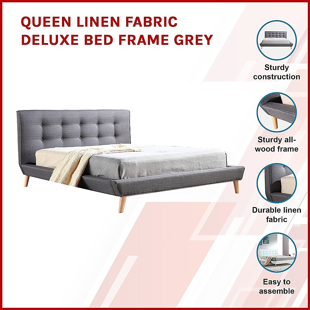 Queen Linen Fabric Deluxe Bed Frame Grey-Furniture &gt; Bedroom-PEROZ Accessories