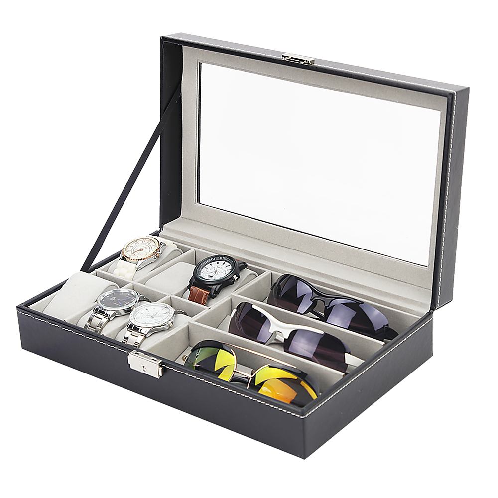 6+3 Grid Watch Sunglass Eyeglasses Display Box Case Storage Organizer PU Leather-Watch Accessories-PEROZ Accessories