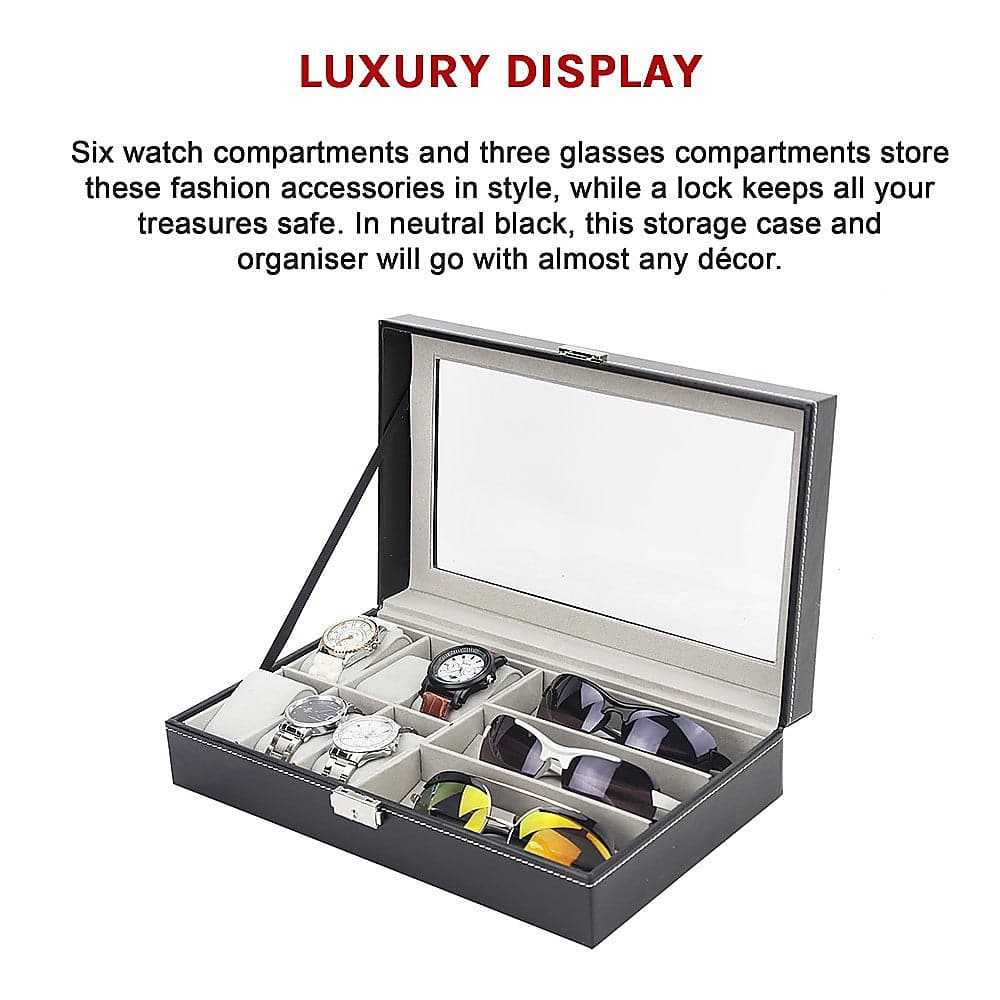6+3 Grid Watch Sunglass Eyeglasses Display Box Case Storage Organizer PU Leather-Watch Accessories-PEROZ Accessories