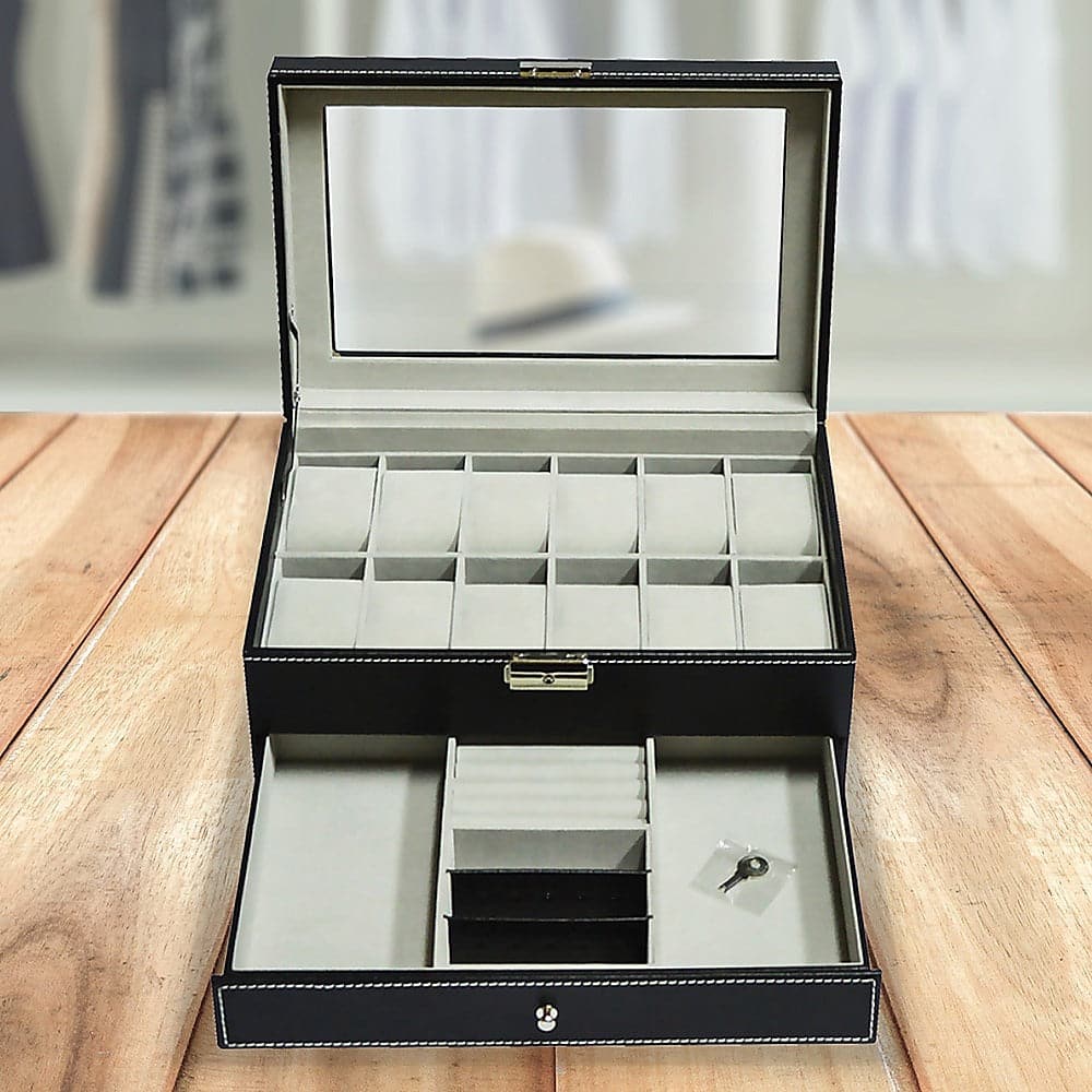 12 Grids Watch Display Case Leather jewellery Storage Box Organiser Lock Key-Watch Accessories-PEROZ Accessories