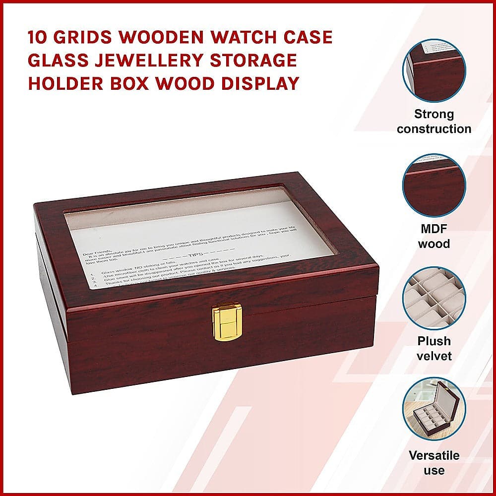 10 Grids Wooden Watch Case Glass Jewellery Storage Holder Box Wood Display-Watch Accessories-PEROZ Accessories