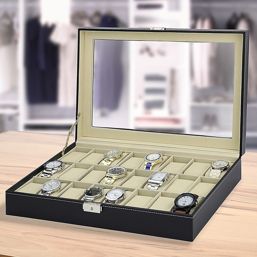 Watch Box - 24 Slot Luxury Display Case With Framed Glass Lid-Watch Accessories-PEROZ Accessories