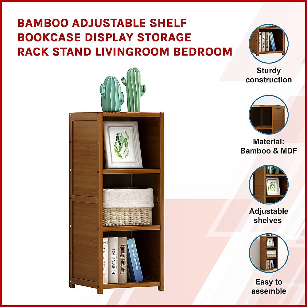 Bamboo Adjustable Shelf Bookcase Display Storage Rack Stand Livingroom Bedroom-Bookcases &amp; Shelves-PEROZ Accessories