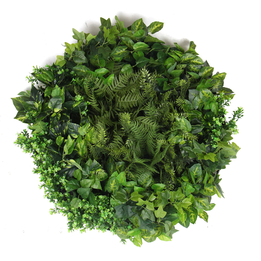 Slimline Artificial Green Wall Disc Art 80cm Mixed Green Fern &amp; Ivy (White)-Home &amp; Garden &gt; Artificial Plants-PEROZ Accessories