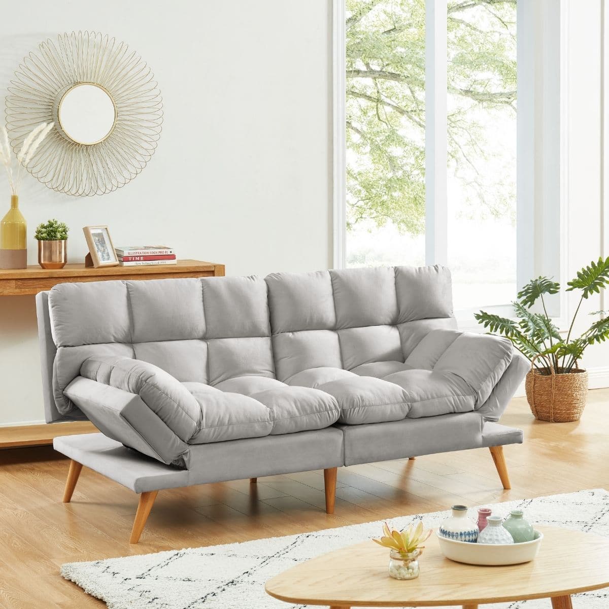 Alexa 3 Seater Velvet Sofa Bed Futon Light Grey-Furniture &gt; Sofas-PEROZ Accessories