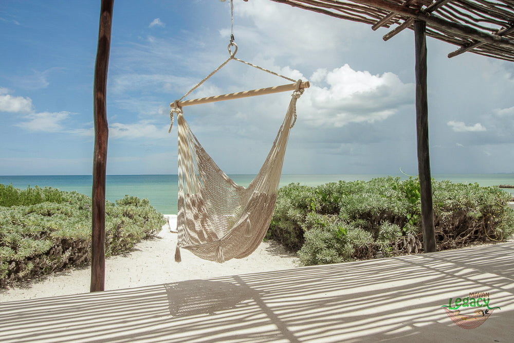 Mayan Legacy Extra Large Outdoor Cotton Mexican Hammock Chair in Cream Colour-Hammock-PEROZ Accessories