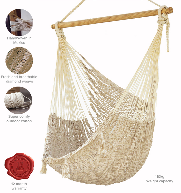 Mayan Legacy Extra Large Outdoor Cotton Mexican Hammock Chair in Cream Colour-Hammock-PEROZ Accessories