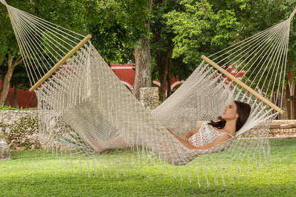 Mayan Legacy Queen Size Outdoor Cotton Mexican Resort Hammock With Fringe in Cream Colour-Hammock-PEROZ Accessories