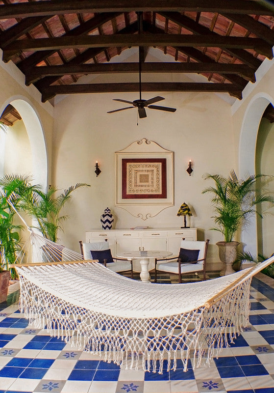 Mayan Legacy Queen Size Outdoor Cotton Mexican Resort Hammock With Fringe in Cream Colour-Hammock-PEROZ Accessories