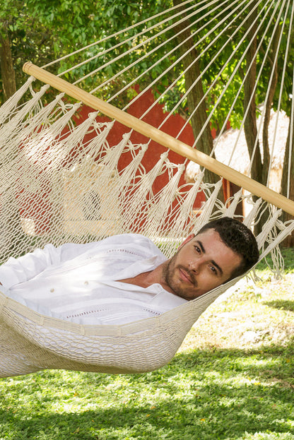 Mayan Legacy Queen Size Outdoor Cotton Mexican Resort Hammock With Fringe in Cream Colour-Hammock-PEROZ Accessories