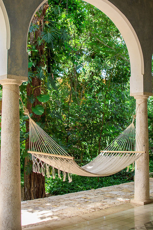 Mayan Legacy Queen Size Outdoor Cotton Mexican Resort Hammock With Fringe in Cream Colour-Hammock-PEROZ Accessories