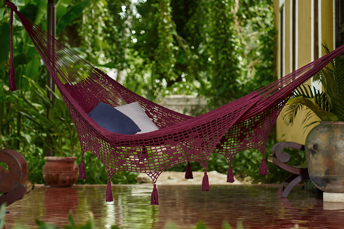 Outdoor undercover cotton Mayan Legacy hammock with hand crocheted tassels King Size Maroon-Hammock-PEROZ Accessories