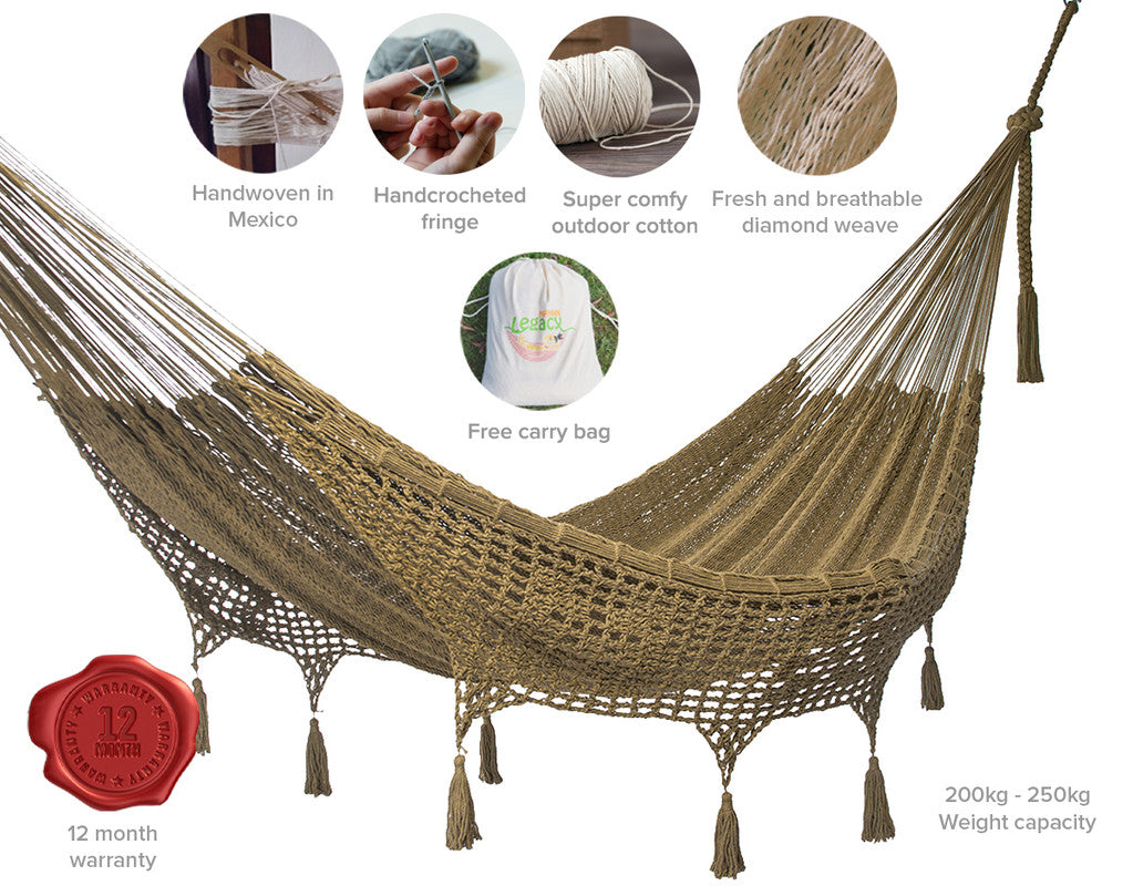Outdoor undercover cotton Mayan Legacy hammock with hand crocheted tassels Queen Size Cedar-Hammock-PEROZ Accessories