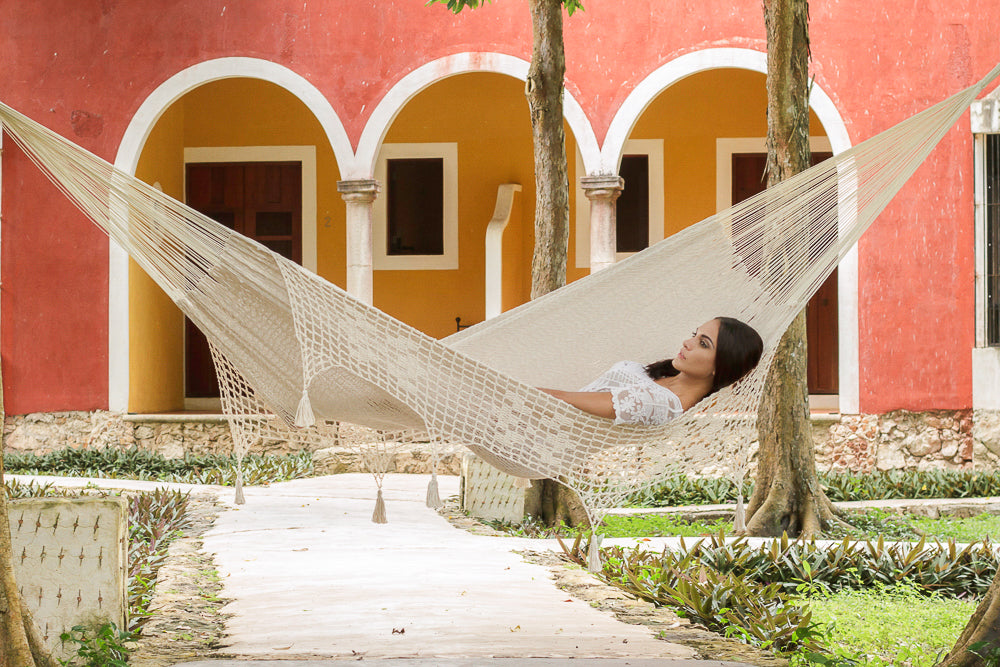 Outdoor undercover cotton Mayan Legacy hammock with hand crocheted tassels Queen Size Marble Colour-Hammock-PEROZ Accessories