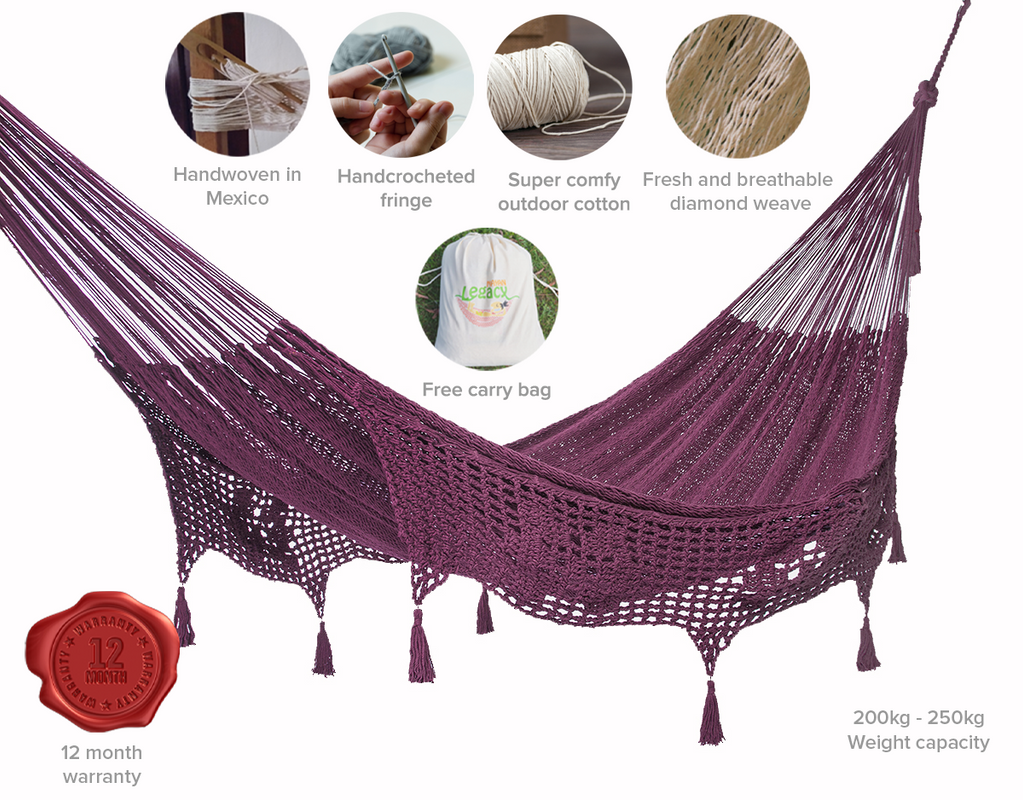 Outdoor undercover cotton Mayan Legacy hammock with hand crocheted tassels Queen Size Maroon-Hammock-PEROZ Accessories