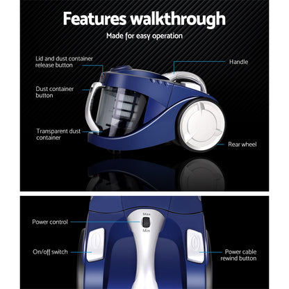 Devanti Vacuum Cleaner Bagless Cyclone Cyclonic Vac Home Office Car 2200W Blue-Appliances &gt; Vacuum Cleaners-PEROZ Accessories