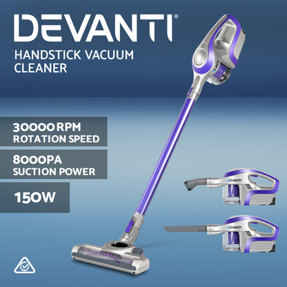 Devanti Cordless Stick Vacuum Cleaner - Purple &amp; Grey-Appliances &gt; Vacuum Cleaners-PEROZ Accessories