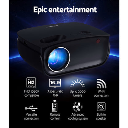 Devanti Mini Video Projector Wifi USB HDMI Portable 2000 Lumens HD 1080P Home in Black-Video Projectors-PEROZ Accessories