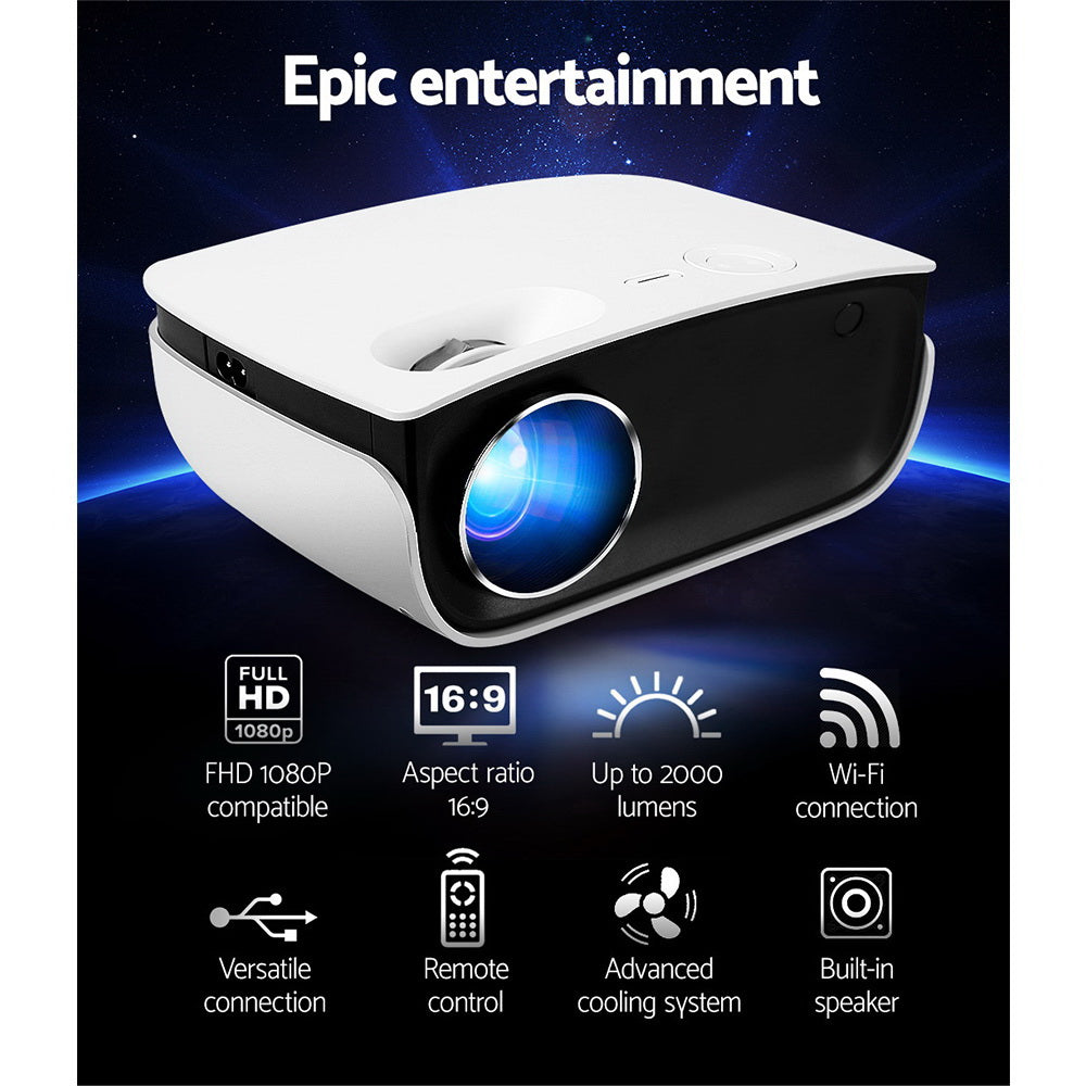 Devanti Mini Video Projector Wifi USB HDMI Portable 2000 Lumens HD 1080P Home Theater White-Video Projectors-PEROZ Accessories