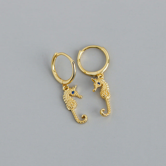 Anyco Earrings Gold Plated Punk Blue Zircon Seahorse Stud For Women Teen Perfect Fashion Stylish Accessories Jewelry Gifts-Earrings-PEROZ Accessories