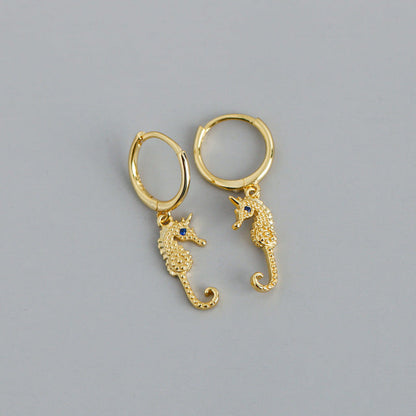 Anyco Earrings Gold Plated Punk Blue Zircon Seahorse Stud For Women Teen Perfect Fashion Stylish Accessories Jewelry Gifts-Earrings-PEROZ Accessories