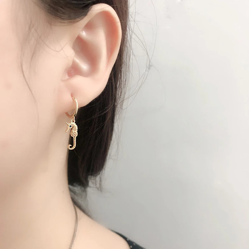 Anyco Earrings Gold Plated Punk Blue Zircon Seahorse Stud For Women Teen Perfect Fashion Stylish Accessories Jewelry Gifts-Earrings-PEROZ Accessories