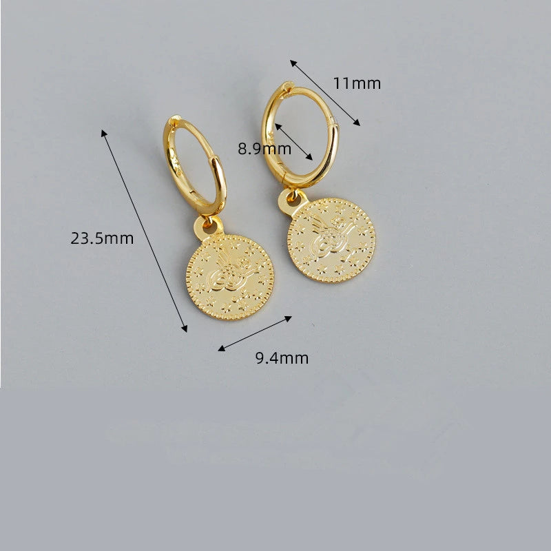 Anyco Earrings Sterling Silver Vintage Luxury Round Coin Hanging Stud For Women Girl Teen Fashion Stylish Accessories Jewelry Gifts-Earrings-PEROZ Accessories
