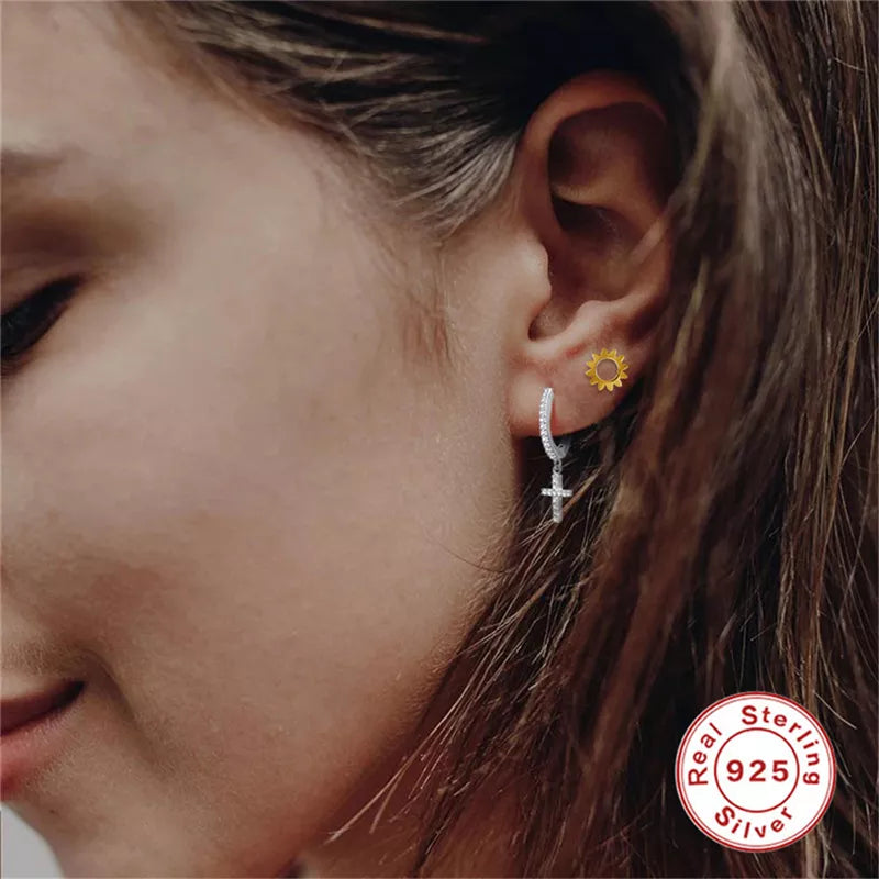 Anyco Earrings Sterling Silver Trendy Geometric White Zircon Cross Stud For Women Teen Fashion Stylish Accessories Jewelry Gifts-Earrings-PEROZ Accessories