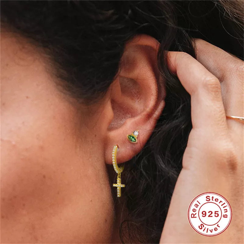 Anyco Earrings Gold Plated Trendy Geometric White Zircon Cross Stud For Women Teen Fashion Stylish Accessories Jewelry Gifts-Earrings-PEROZ Accessories