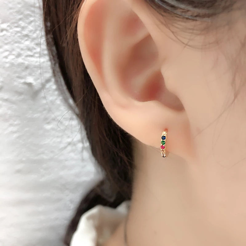 Anyco Earrings Gold Plated Color Minimalist 7mm Color Zircon Ear Buckle For Women Girl Teen Chic Fashion Stylish Accessories Jewelry Gifts-Earrings-PEROZ Accessories