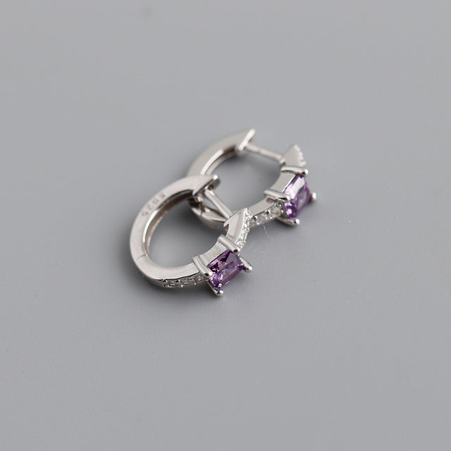Anyco Earrings Sterling Silver Purple Luxury Square CZ Round Ear Buckle For Women Girl Teen Chic Fashion Stylish Accessories Jewelry Gifts-Earrings-PEROZ Accessories