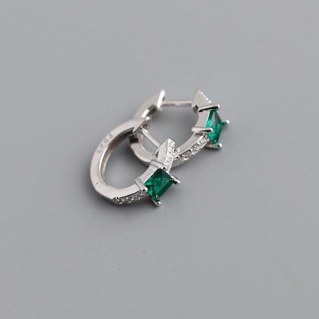 Anyco Earrings Sterling Silver Green Luxury Square CZ Round Ear Buckle For Women Girl Teen Chic Fashion Stylish Accessories Jewelry Gifts-Earrings-PEROZ Accessories