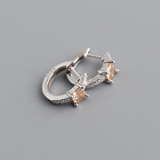 Anyco Earrings Sterling Silver Yellow Luxury Square CZ Round Ear Buckle For Women Girl Teen Chic Fashion Stylish Accessories Jewelry Gifts-Earrings-PEROZ Accessories