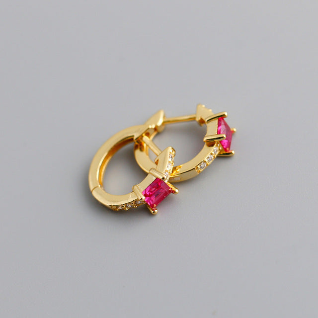 Anyco Earrings Gold Plated Red Luxury Square CZ Round Ear Buckle For Women Girl Teen Chic Fashion Stylish Accessories Jewelry Gifts-Earrings-PEROZ Accessories