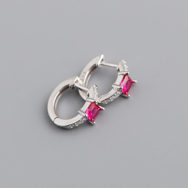 Anyco Earrings Sterling Silver Red Luxury Square CZ Round Ear Buckle For Women Girl Teen Chic Fashion Stylish Accessories Jewelry Gifts-Earrings-PEROZ Accessories
