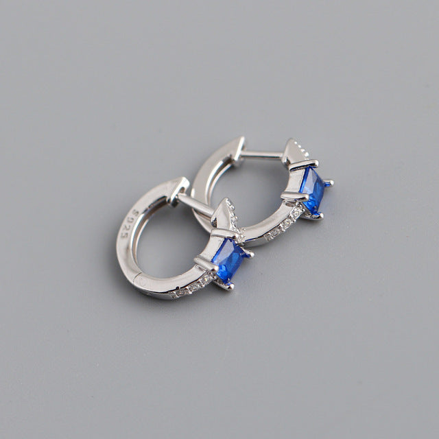 Anyco Earrings Sterling Silver Blue Luxury Square CZ Round Ear Buckle For Women Girl Teen Chic Fashion Stylish Accessories Jewelry Gifts-Earrings-PEROZ Accessories