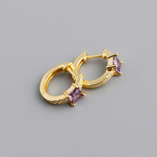 Anyco Earrings Gold Plated Purple Luxury Square CZ Round Ear Buckle For Women Girl Teen Chic Fashion Stylish Accessories Jewelry Gifts-Earrings-PEROZ Accessories