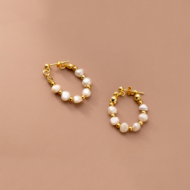 Anyco Fashion Earrings Gold 925 Sterling Silver Bohemian Freshwater Baroque Pearl Circle Huggies for Women 18k Jewelry-Earrings-PEROZ Accessories