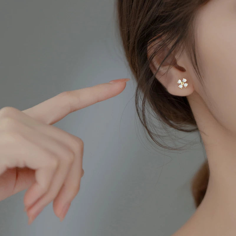 Anyco Fashion Earrings Gold 925 Sterling Silver Luxury Zircon Clover Flower Mini Small Stud for Women Simple Jewelry Accessories-Earrings-PEROZ Accessories