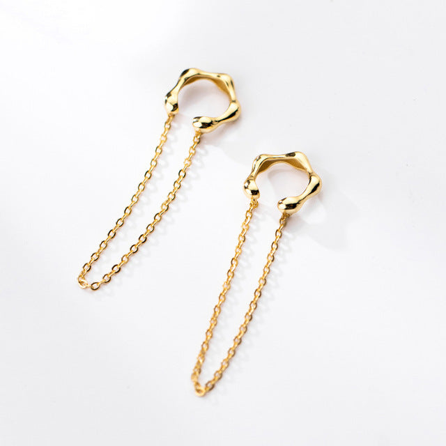 Anyco Fashion Earrings Gold 925 Sterling Silver Punk Cuban Link Chain Bamboo Tassel Ear Cuffs Simple Bohemian Ear Clip Jewelry-Earrings-PEROZ Accessories