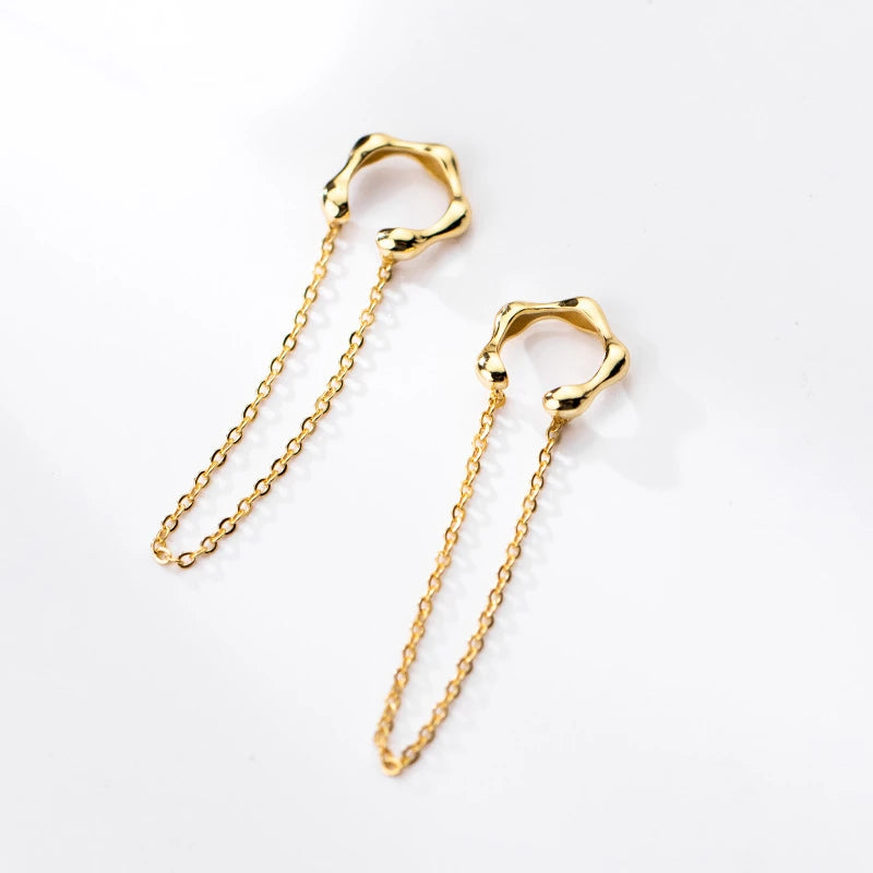 Anyco Fashion Earrings Gold 925 Sterling Silver Punk Cuban Link Chain Bamboo Tassel Ear Cuffs Simple Bohemian Ear Clip Jewelry-Earrings-PEROZ Accessories