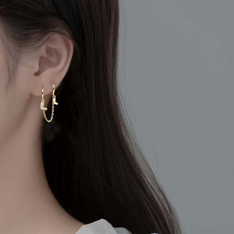Anyco Fashion Earrings Gold 925 Sterling Silver Unique Love Heart Chain Charm for Women Bohemian Fine Party Ear Buckle Jewelry-Earrings-PEROZ Accessories