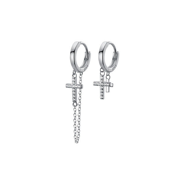 Anyco Fashion Earrings Silver 925 Sterling Vintage Punk Cuban Link Chain Cross Pendant Huggie for Men Women CZ Zircon Jewelry-Earrings-PEROZ Accessories