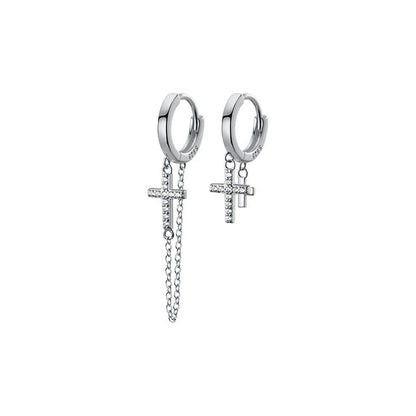 Anyco Fashion Earrings Silver 925 Sterling Vintage Punk Cuban Link Chain Cross Pendant Huggie for Men Women CZ Zircon Jewelry-Earrings-PEROZ Accessories