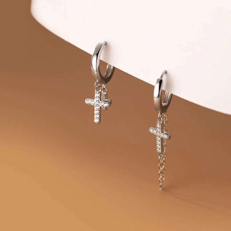 Anyco Fashion Earrings Silver 925 Sterling Vintage Punk Cuban Link Chain Cross Pendant Huggie for Men Women CZ Zircon Jewelry-Earrings-PEROZ Accessories