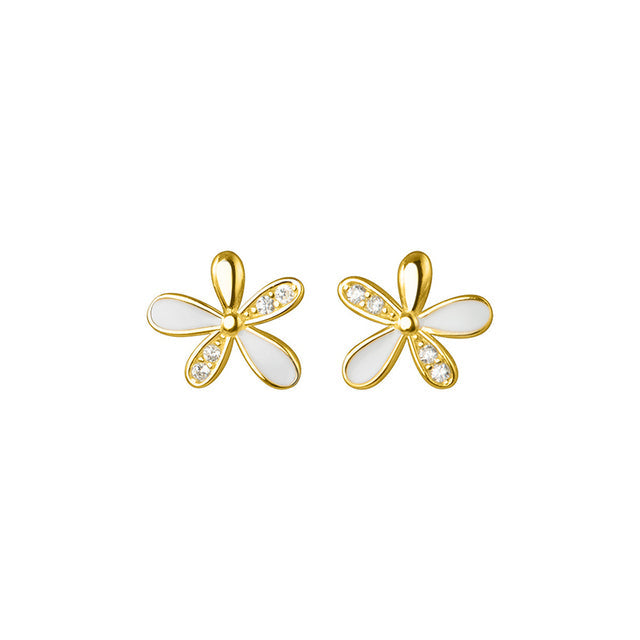 Anyco Fashion Earrings Gold 925 Sterling Silver Romantic White Enamel Cute Gold Flower Stud for Women Jewelry Gift-Earrings-PEROZ Accessories