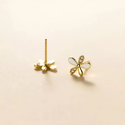 Anyco Fashion Earrings Gold 925 Sterling Silver Romantic White Enamel Cute Gold Flower Stud for Women Jewelry Gift-Earrings-PEROZ Accessories