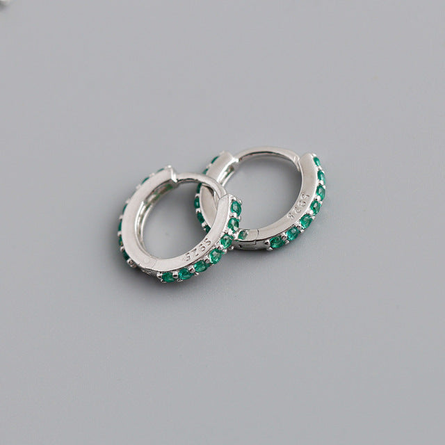 Anyco Earrings Sterling Silver Green Punk Pave CZ Simple Round 8.8MM Ear Buckle For Women Girl Teen Chic Fashion Stylish Accessories Jewelry Gifts-Earrings-PEROZ Accessories